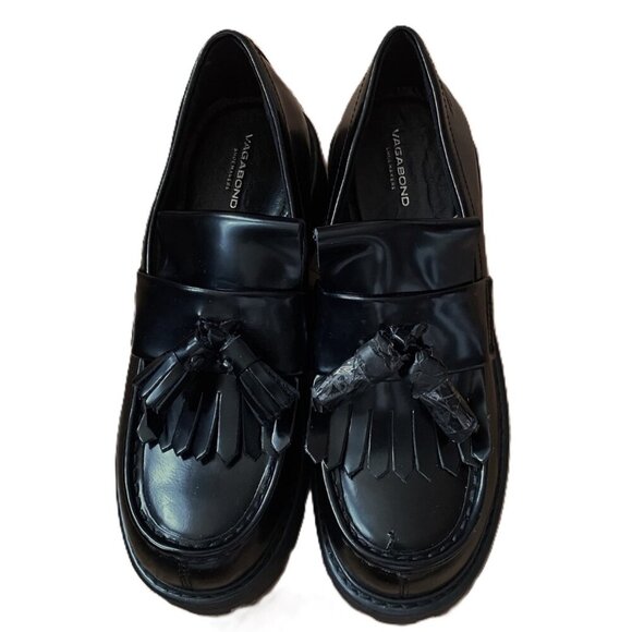 NWOT Vagabond Cosmo Black Polished Leather Chunky platform Loafer Shoes Tassel - Picture 2 of 16